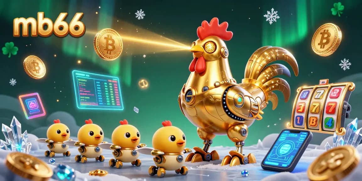 Experience thrilling mb66 action with a golden rooster robot and slot game elements.