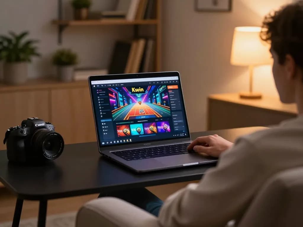 Kwin online gaming session with vibrant casino interface on laptop screen and cozy ambiance