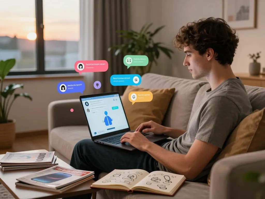 Interactive scene of a young man engaging with an AI chat porn character in a cozy living room.