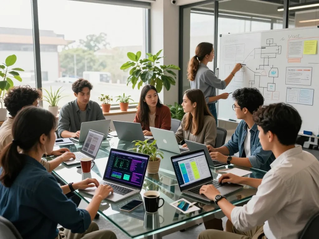 Collaboration at Techsslaash workspace with diverse team brainstorming innovative tech solutions.