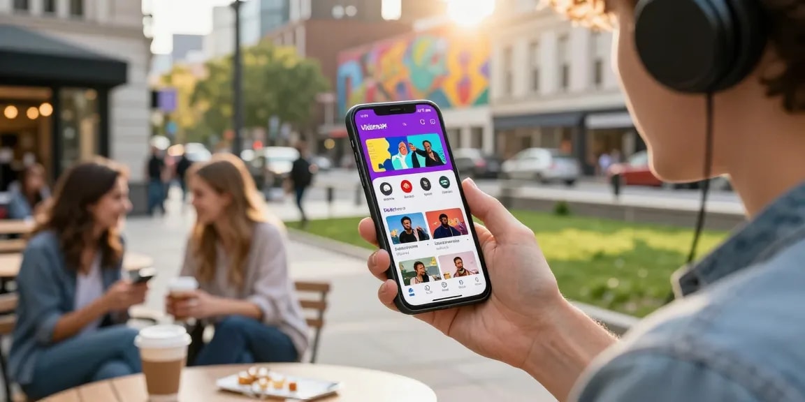 Young adult using Vidmate APK on smartphone in urban setting, vibrant video downloading.