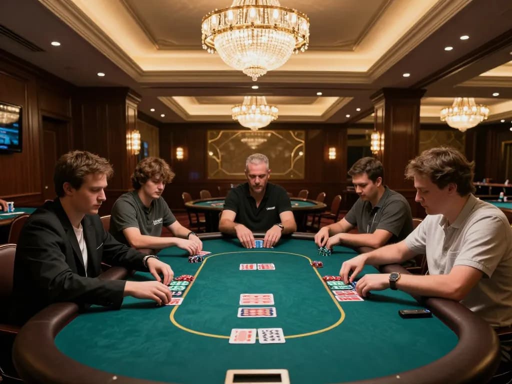 Players strategizing at a high-stakes poker table in an elegant casino setting, showcasing the thrill of cloud-africa.