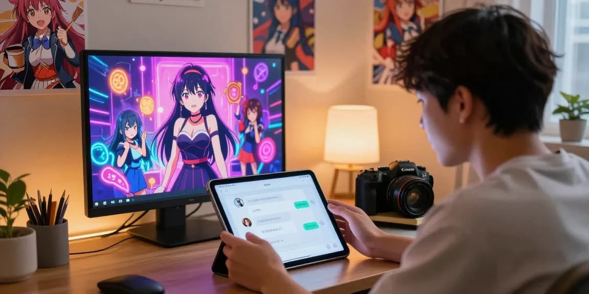 Engaging in ecchi AI chat through a tablet surrounded by anime illustrations.