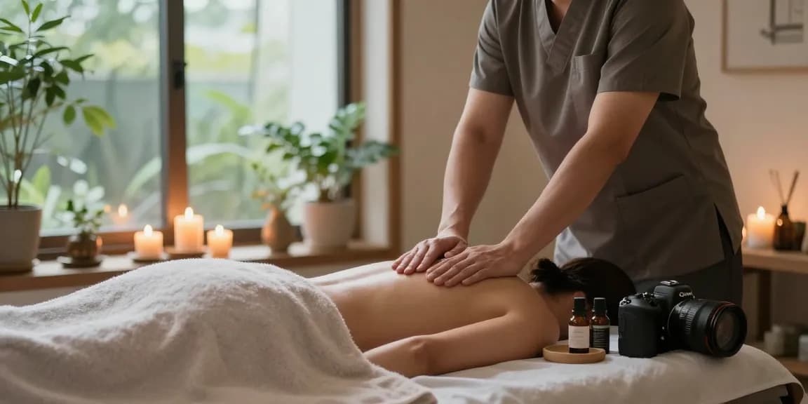 신촌출장마사지 service setup in a tranquil wellness studio with calming ambiance and essential oils.