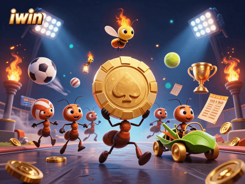 iwin gaming scene with ants heisting a golden poker chip amidst sports chaos and vibrant elements