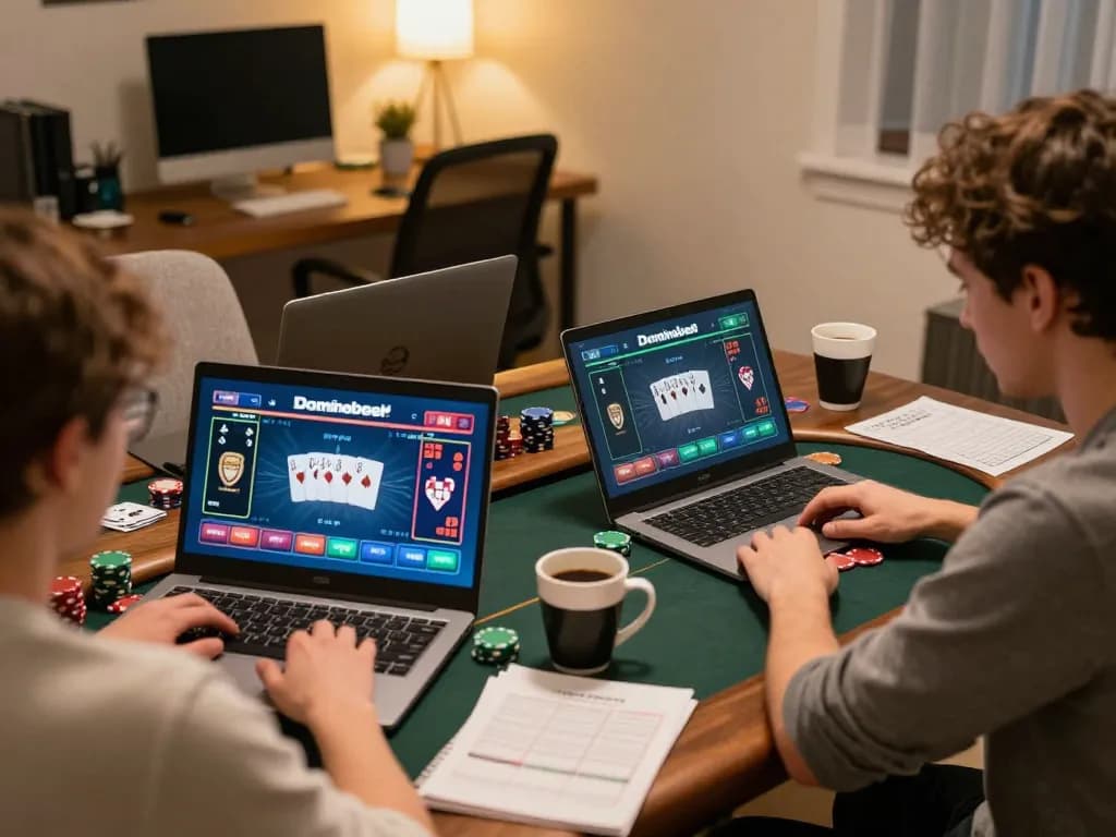 Engaging gameplay of Dominobet IDN Poker displayed on laptop amidst strategic notes and coffee.