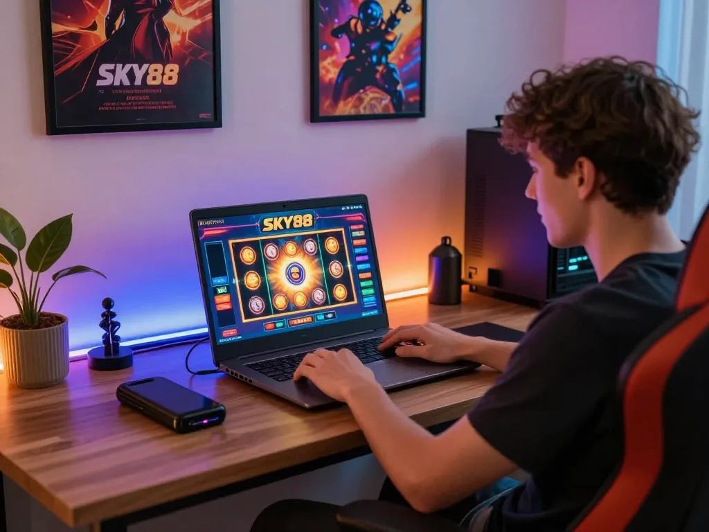 Engaging in a thrilling SKY88 game on an elegant laptop setup, showcasing immersive online casino gaming.