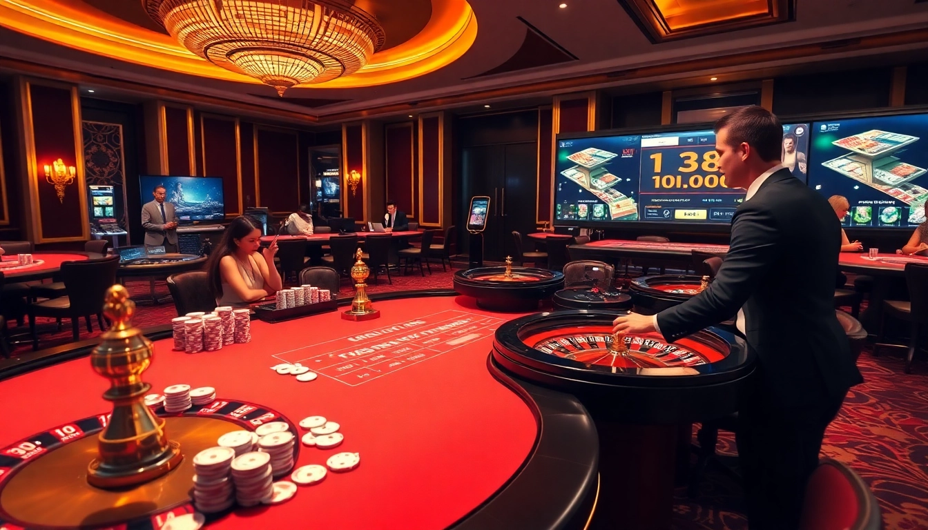 Experience the thrill of online gambling at TT88 with a vibrant casino scene showcasing luxury and excitement.
