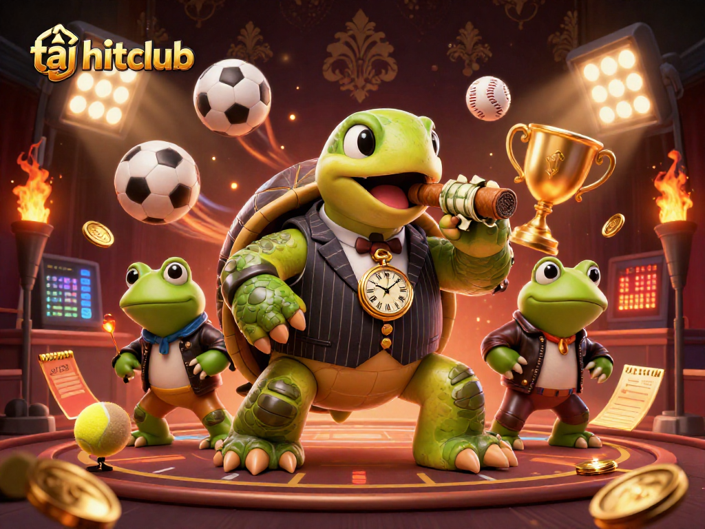 Bet on tải hitclub with a dynamic scene featuring a snapping turtle and bullfrogs amidst casino elements.