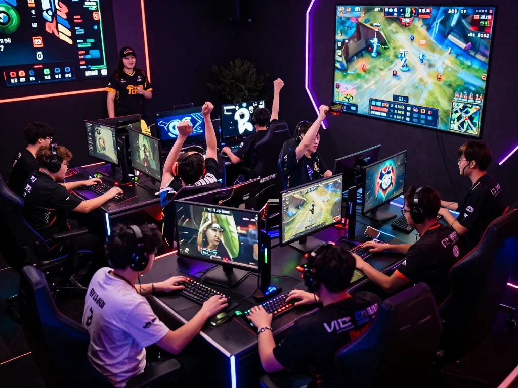 Esports competition at AU88, players celebrating as they win games and engage with the online platform.