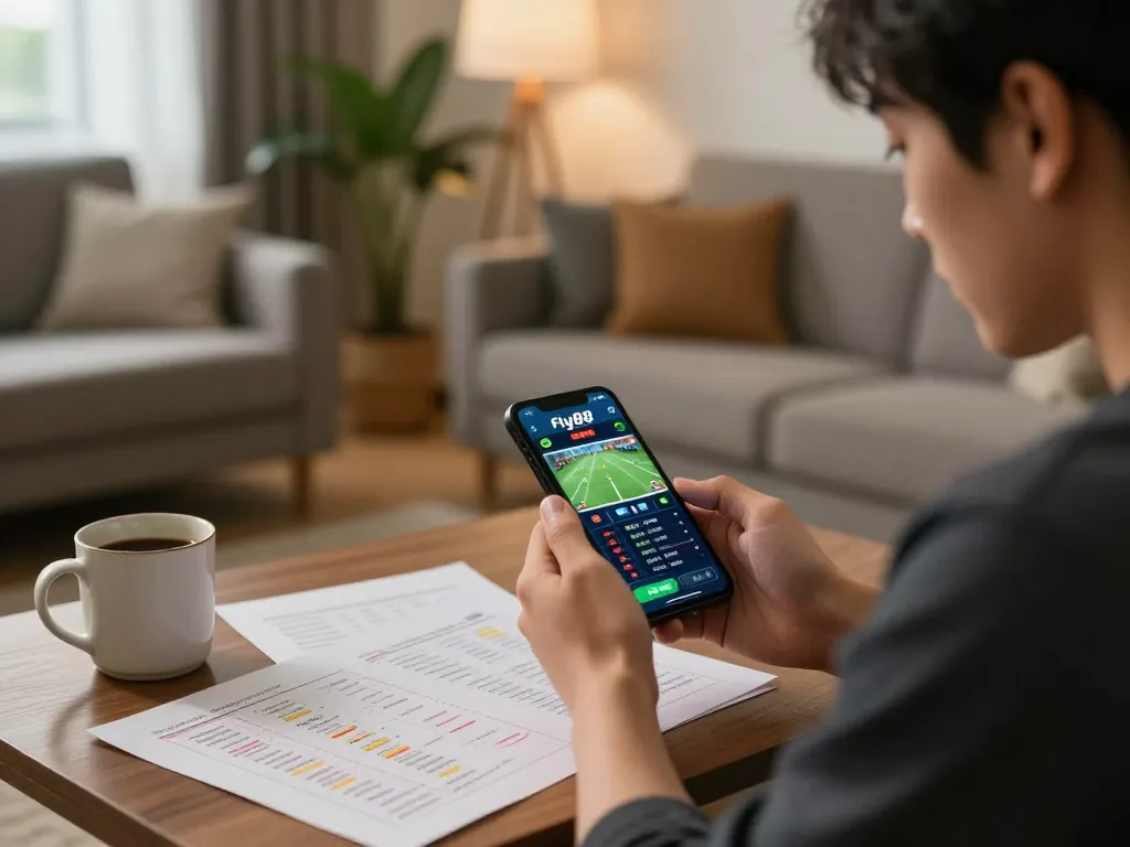 Engaged player using the fly88 free mobile app for sports betting at home, with strategic notes and warm lighting.