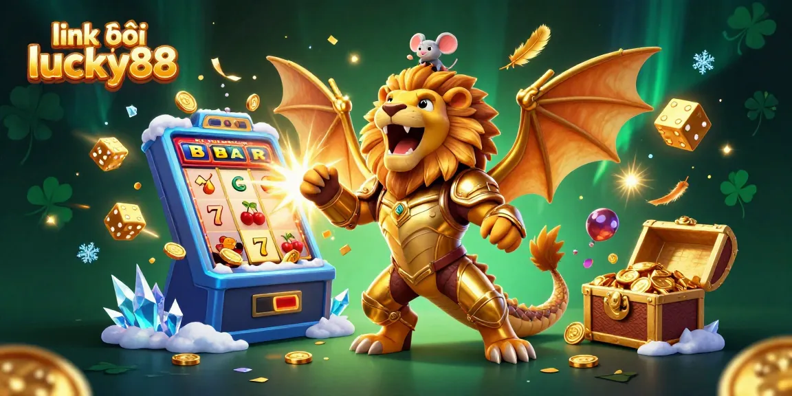 Play at link vào lucky88 and win with the chimera creature amidst a 3D slot machine jackpot explosion.