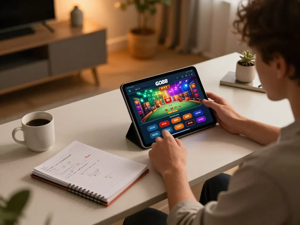 Engaged user playing GO88 casino app on tablet, showcasing modern gaming setup and cozy atmosphere.