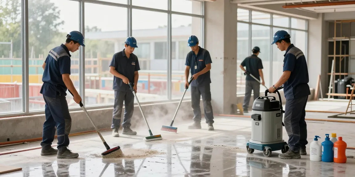 Bauendreinigung preis illustrated by a professional cleaning team at a construction site ensuring spotless surfaces and effective teamwork.