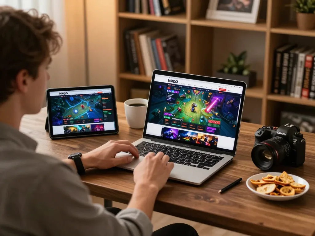 Engaged player enjoying MMOO online casino games at a modern desk with warm lighting.