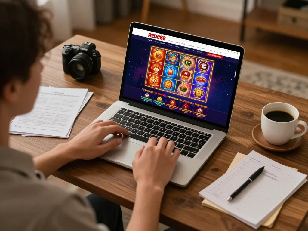 Engaging in thrilling online gaming at RED88 with strategic notes and colorful interface.