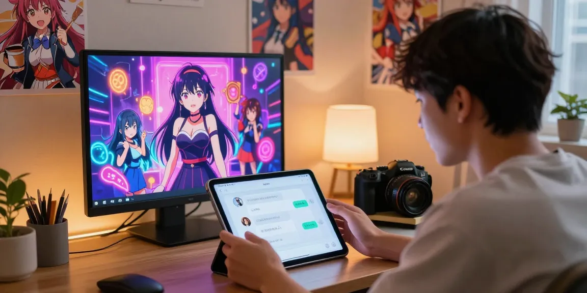 Engaging in ecchi AI chat through a tablet surrounded by anime illustrations.