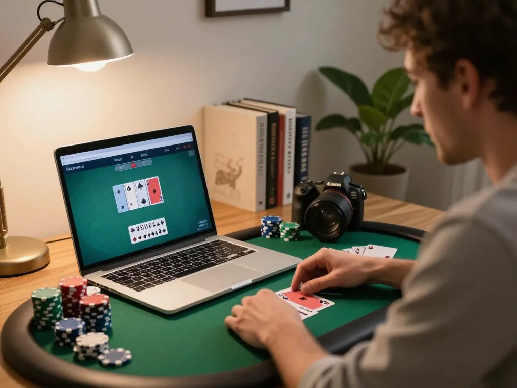 KJC player immersed in an online poker game, showcasing a stylish home office setup with warm lighting.