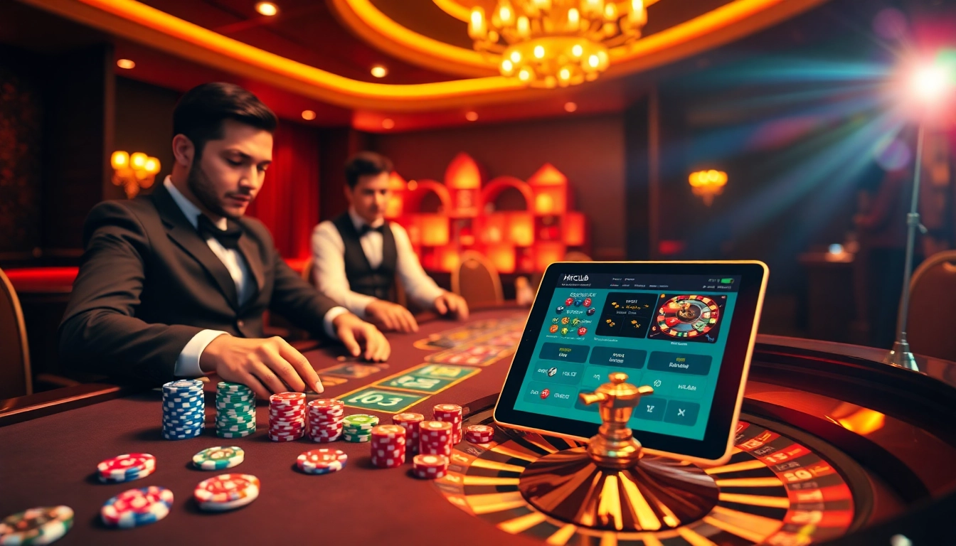 Play thrilling games at Nhà cái Hitclub with interactive casino tables and vibrant poker chips.