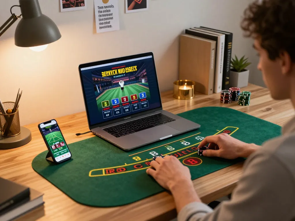 Engaged player strategizing in a gem88 online casino setup with laptop and smartphone.