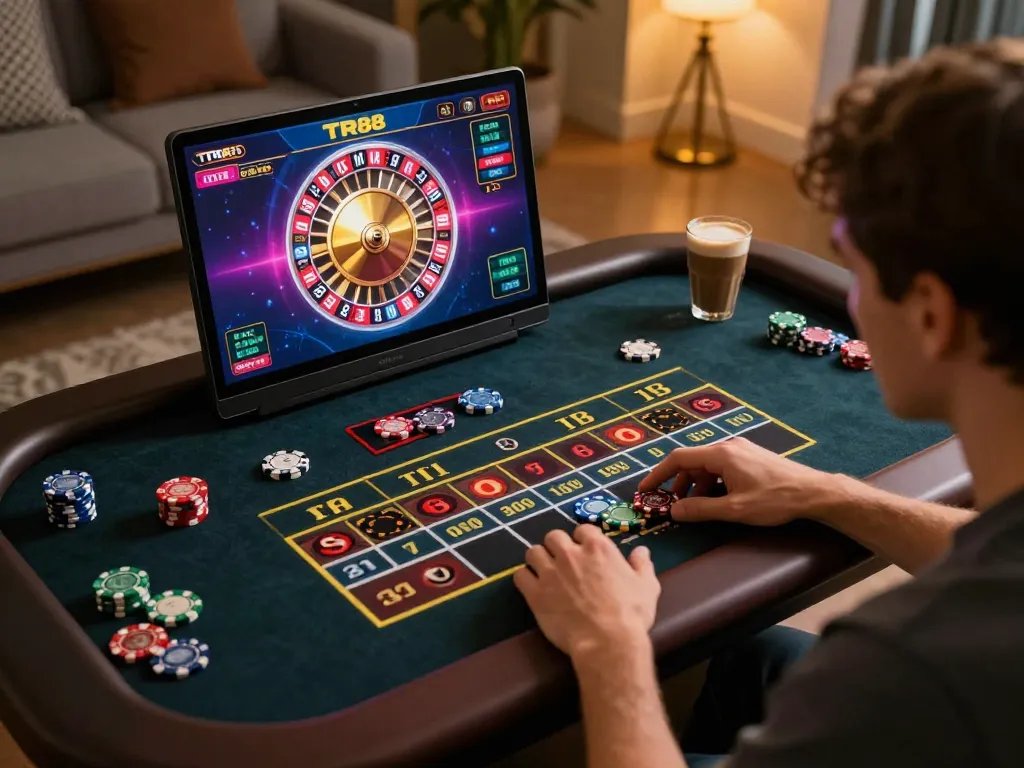 Player engaging with exciting TR88 online roulette game on laptop, strategic betting in a cozy ambiance.
