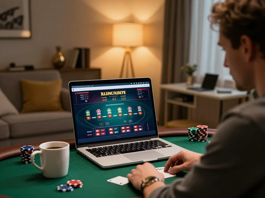Engaging in high-stakes poker at home with the ww88ho.com casino platform, highlighting a focused gameplay moment