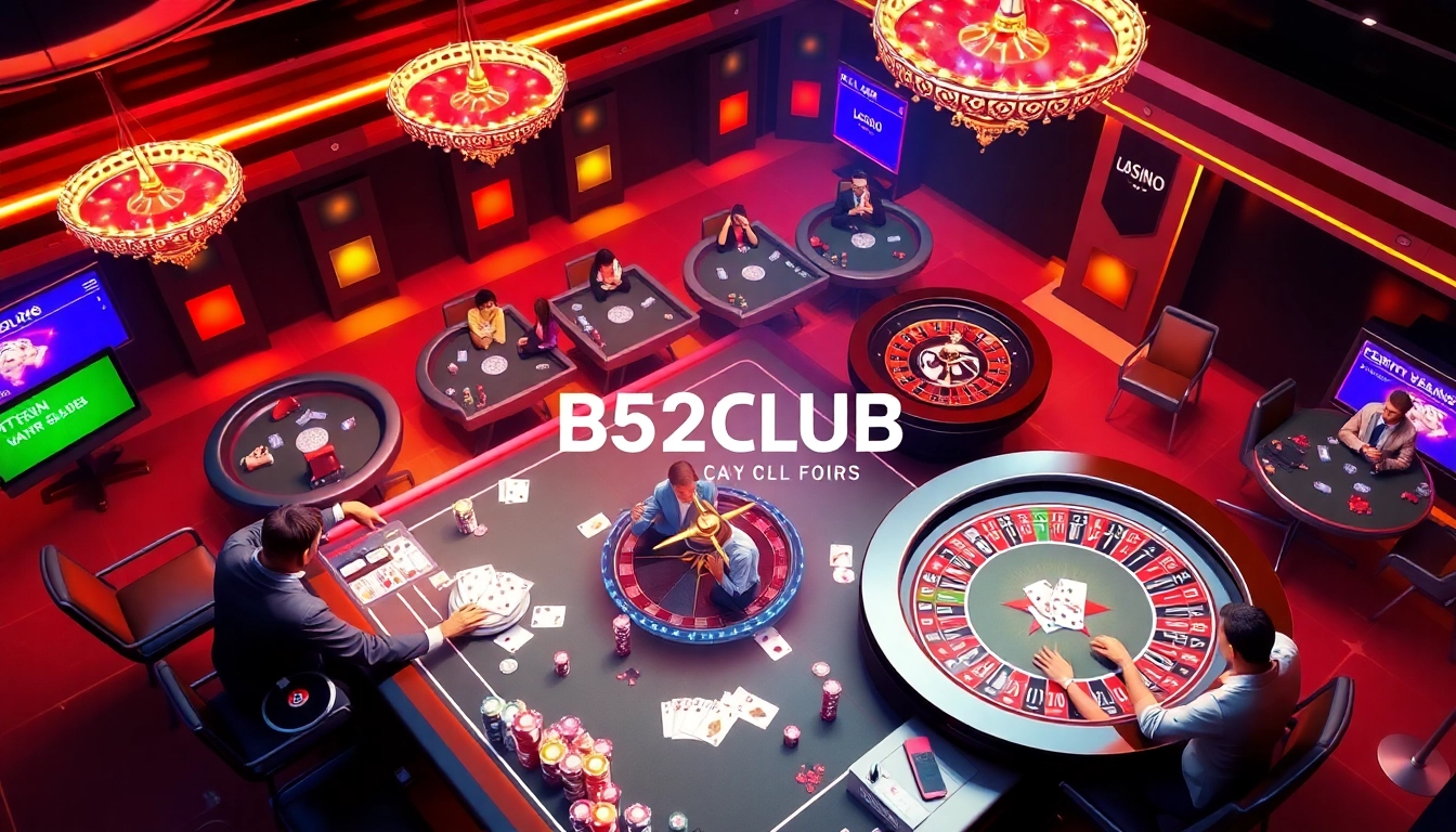 B52CLUB online gaming platform featuring vibrant casino elements such as poker chips and roulette wheel.