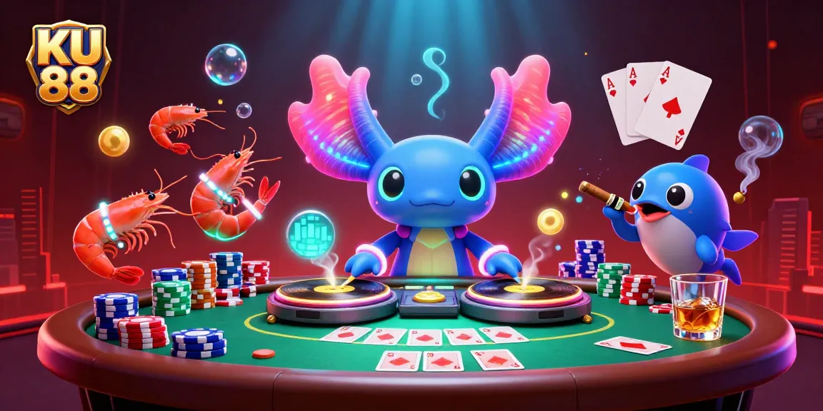 Experience the excitement of KU 88 with vibrant casino characters and poker table elements.