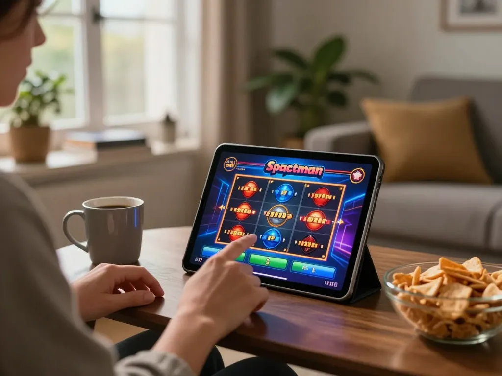 Playing slot spaceman on a tablet in a cozy home setting with warm lighting and snacks.