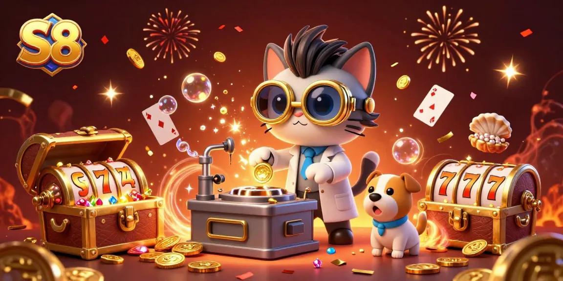 S8 casino scene with a mad scientist cat and assistant dog creating gold coins, set among slot reels and colorful gems.
