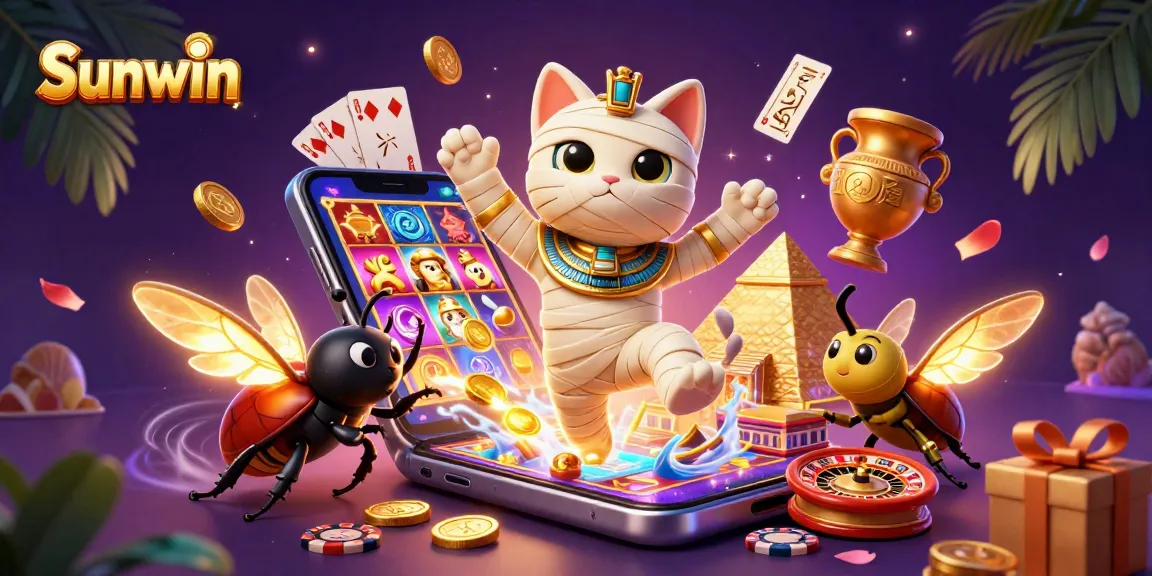 Sunwin offers thrilling gaming experiences with a cartoon mummy cat and a scarab beetle in a vibrant casino setting.