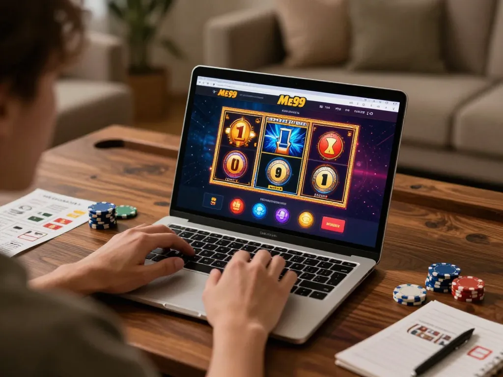 Player enjoying a gaming session at Me99 online casino with colorful slots on screen