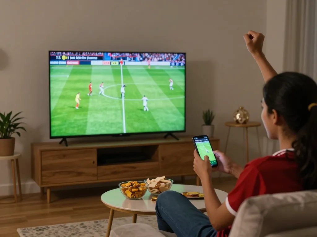 xem bóng đá trực tuyến in an exciting home setting with friends cheering for a live match