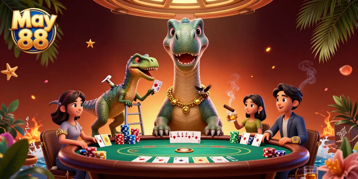 Engage in May 88 Casino excitement with a massive brontosaurus overseeing a high-stakes poker game.
