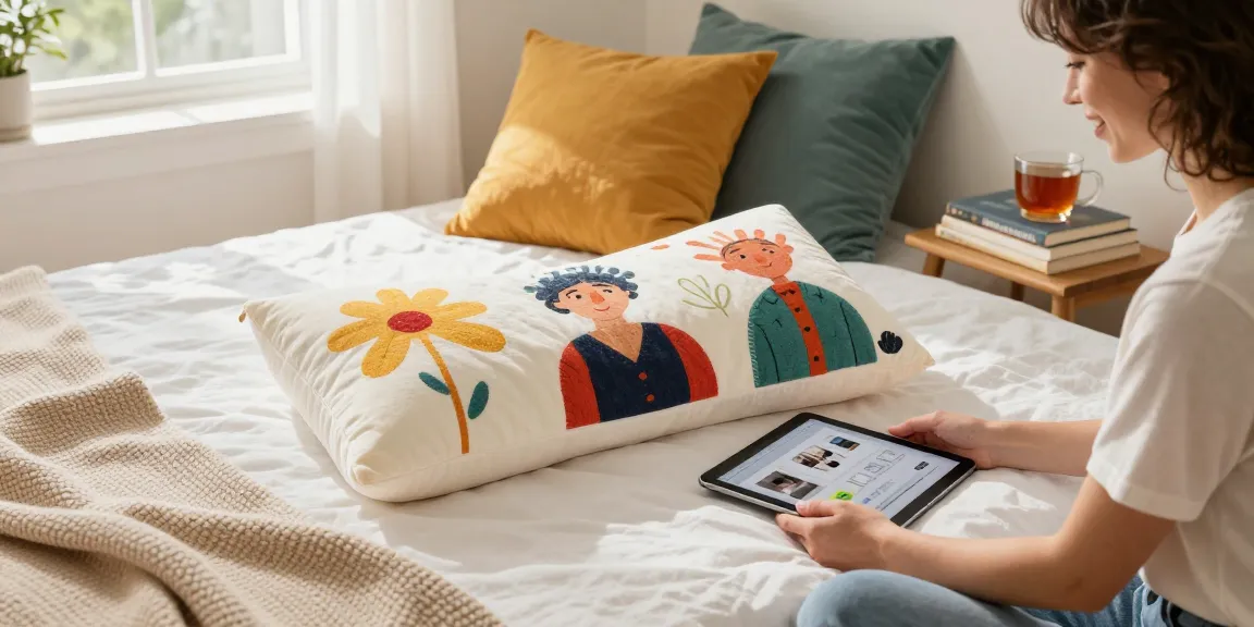 Custom body pillow on a cozy bed with vibrant designs, showcasing personal expression.