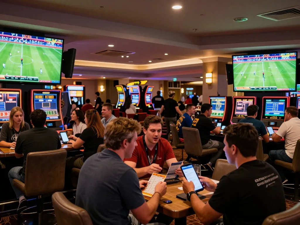 Tỷ lệ kèo nhà cái 5 showcased in a bustling casino sports betting lounge, with enthusiastic bettors engaged in live betting.