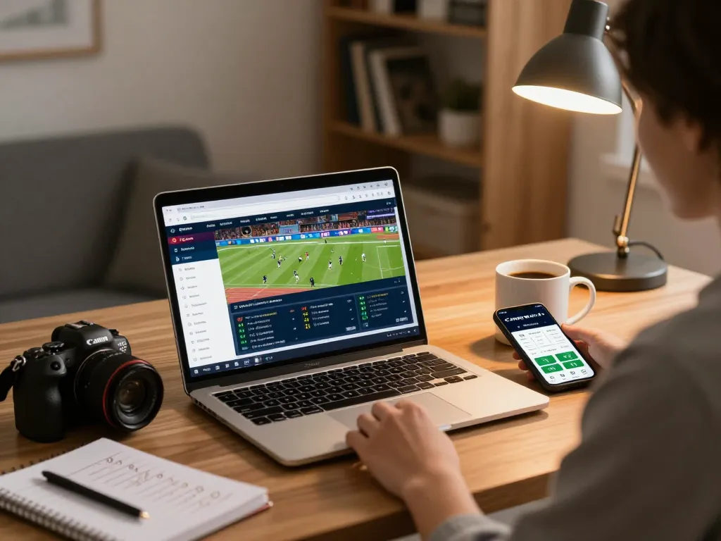Engaging in sports betting on fabet with a laptop and smartphone in a cozy home office.