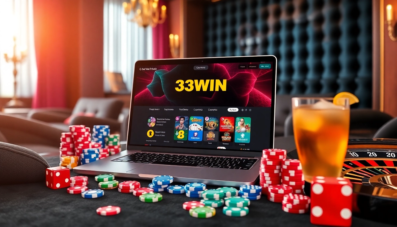 Gamblers enjoying an exciting online experience with 33WIN on a luxurious casino laptop.