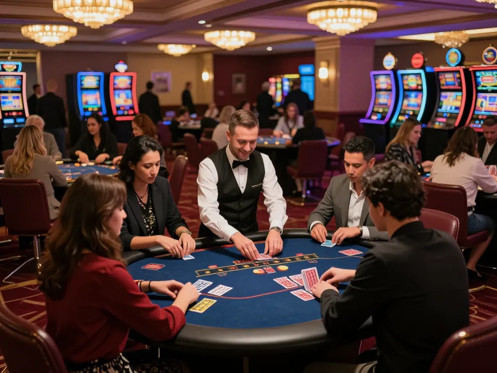 Players at nhà cái uu88 engaging in intense poker games on a bustling casino floor.
