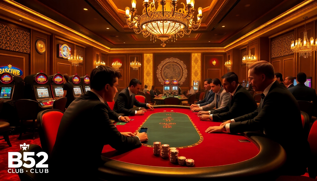 B52CLUB poker table scene showcasing high-stakes excitement with elegant players and vibrant casino atmosphere.
