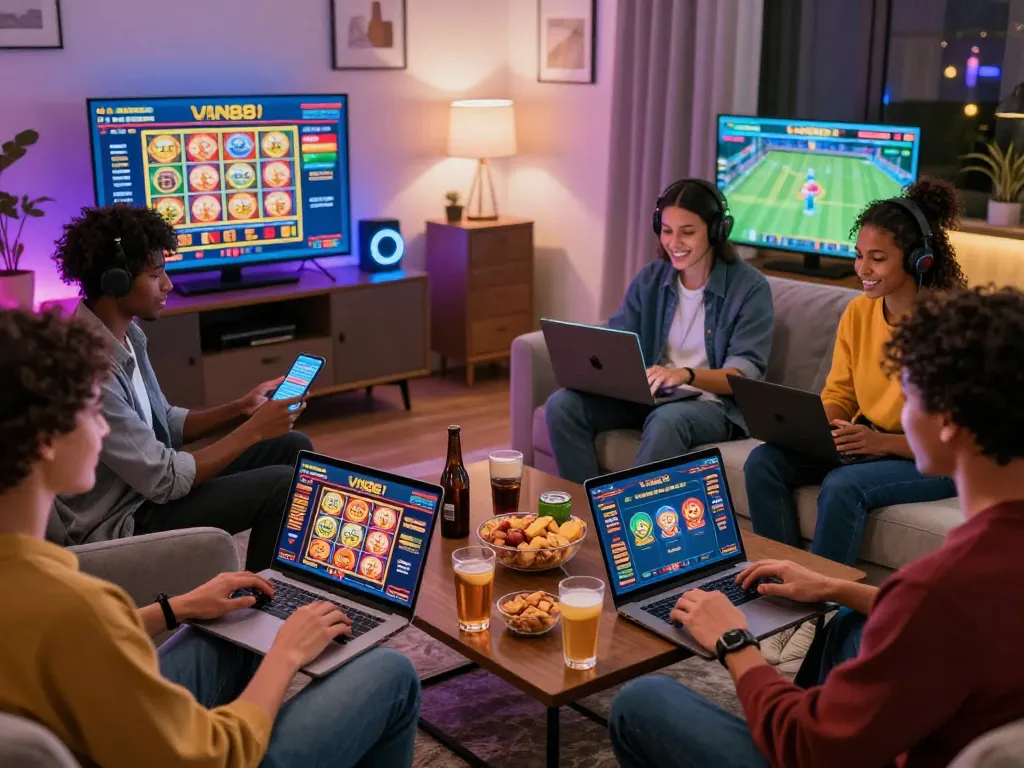 Friends enjoying VN88 online games in a cozy living room setting, emphasizing interactive entertainment and social fun.