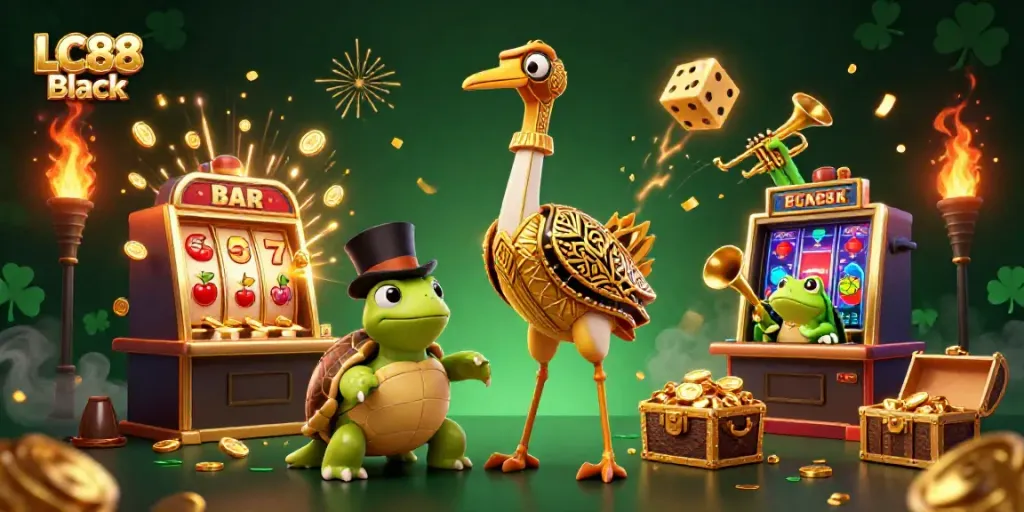 Play slots and win with LC88 Black's vibrant 3D casino action scene featuring dynamic characters.