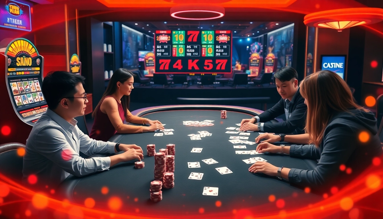 Play game đánh bài đổi thưởng at a vibrant online casino with poker chips and glowing lights.
