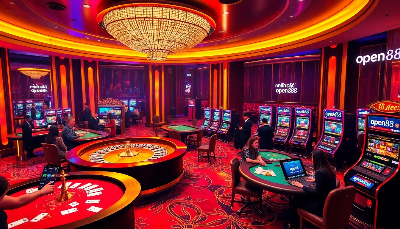 Excited players engaging at the nhà cái open88 casino tables with vibrant slot machines.