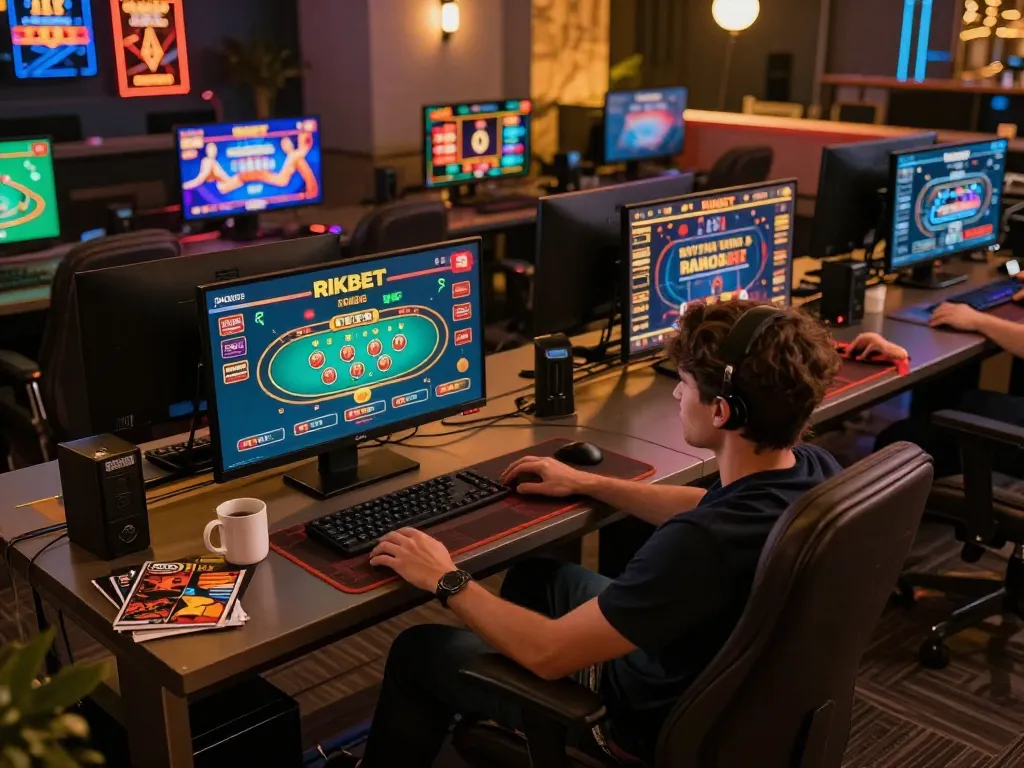 RIKBET gaming setup with player engaged in online casino strategies, showcasing exciting gameplay on multiple screens.