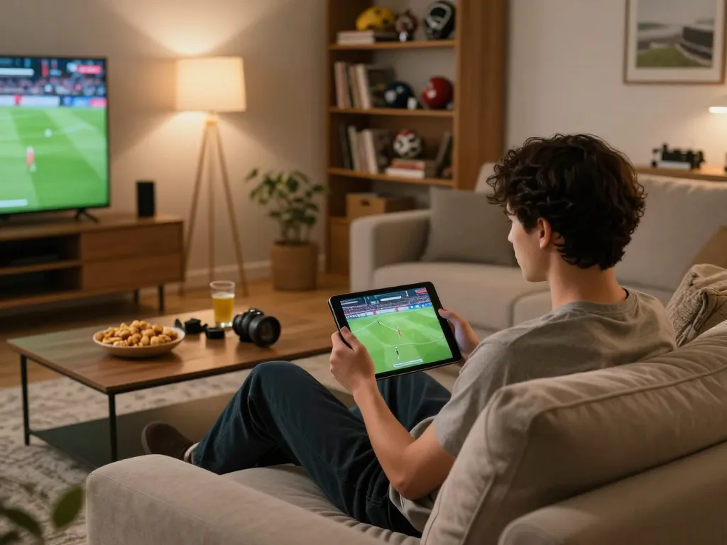 Watch xem bóng đá trực tuyến in a cozy home environment with immersive details and snacks.