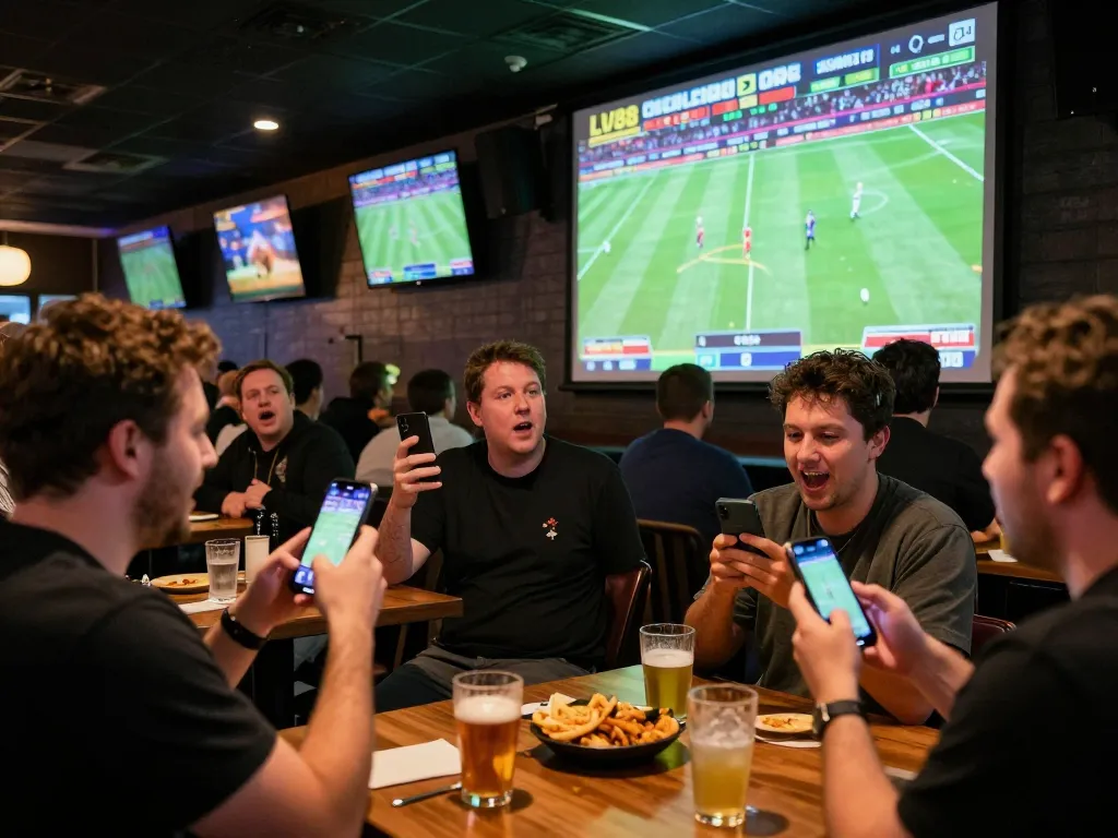 Excited sports fans placing bets on LV88 in a lively sports bar atmosphere.
