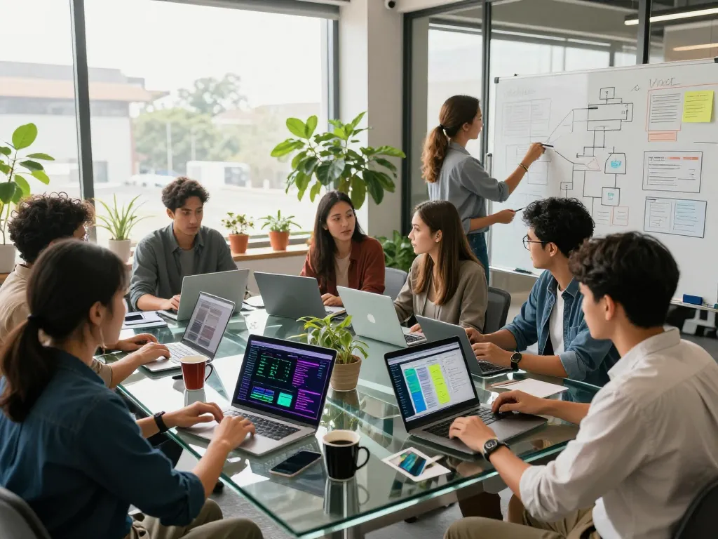 Collaboration at Techsslaash workspace with diverse team brainstorming innovative tech solutions.