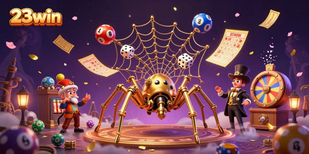 Experience thrilling gameplay with 23win featuring a whimsical steampunk spider and vibrant casino elements.
