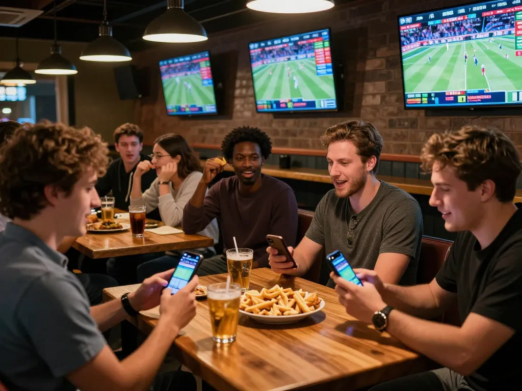 Excited patrons engaging in sports betting at a lively bar setting, showcasing nohu26 excitement and camaraderie.